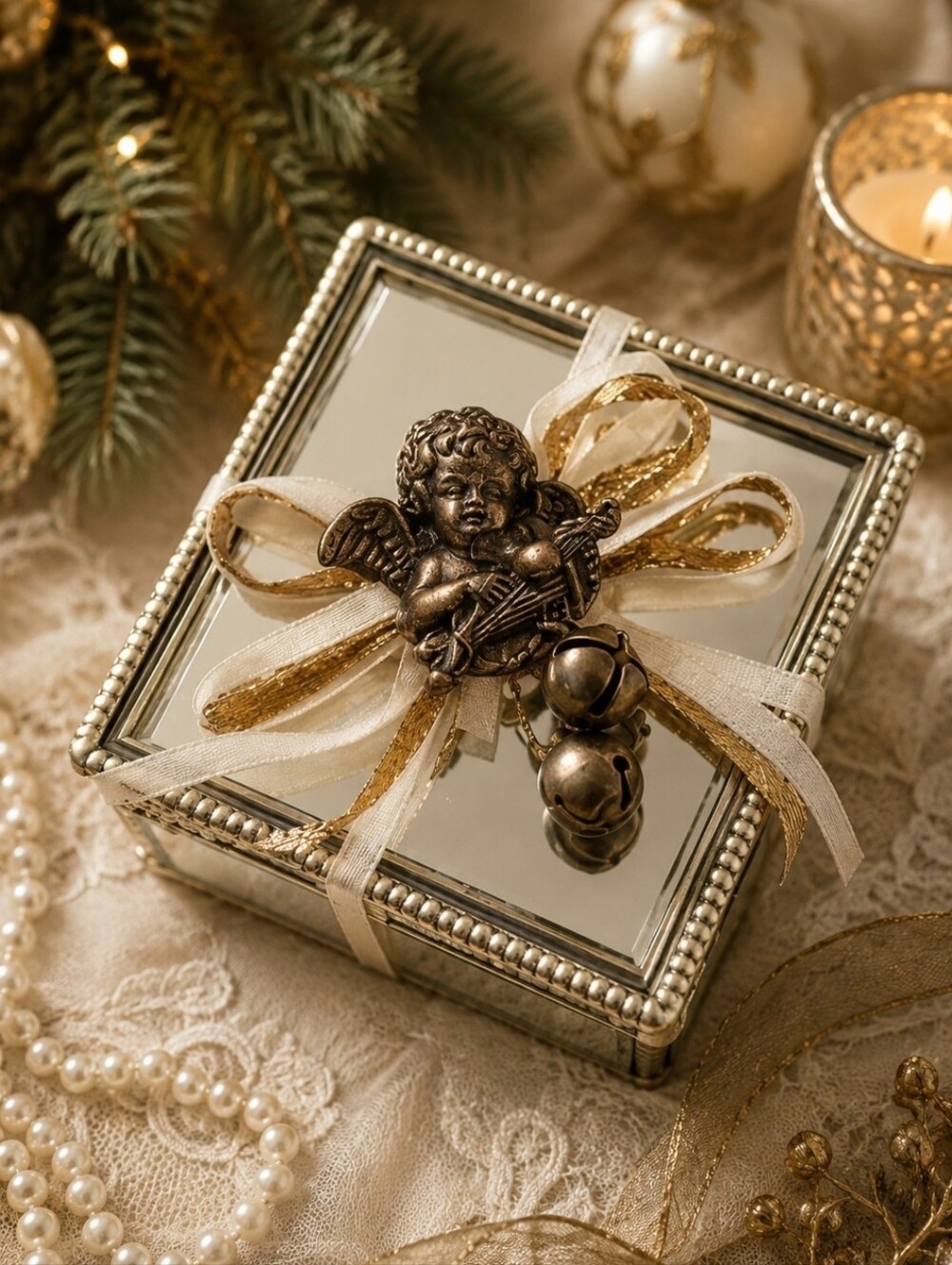 Vintage Style Cherub Jingle Bell Ornament Mirror Box Decor 2.25"